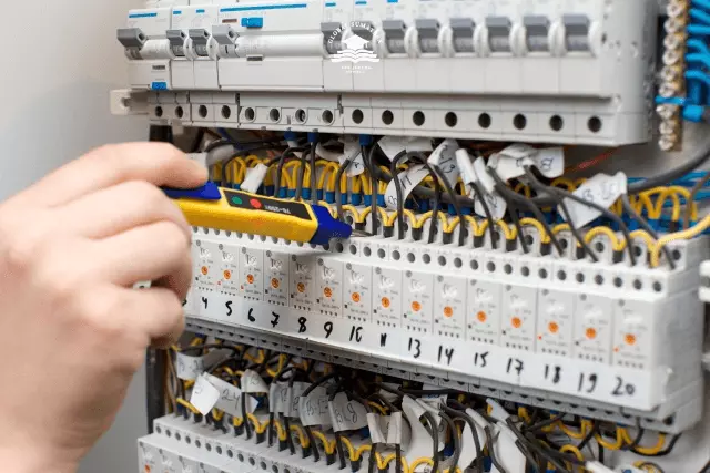 Peserta pelatihan Indonesia sedang memeriksa switchboard untuk pekerjaan perakitan peralatan listrik.