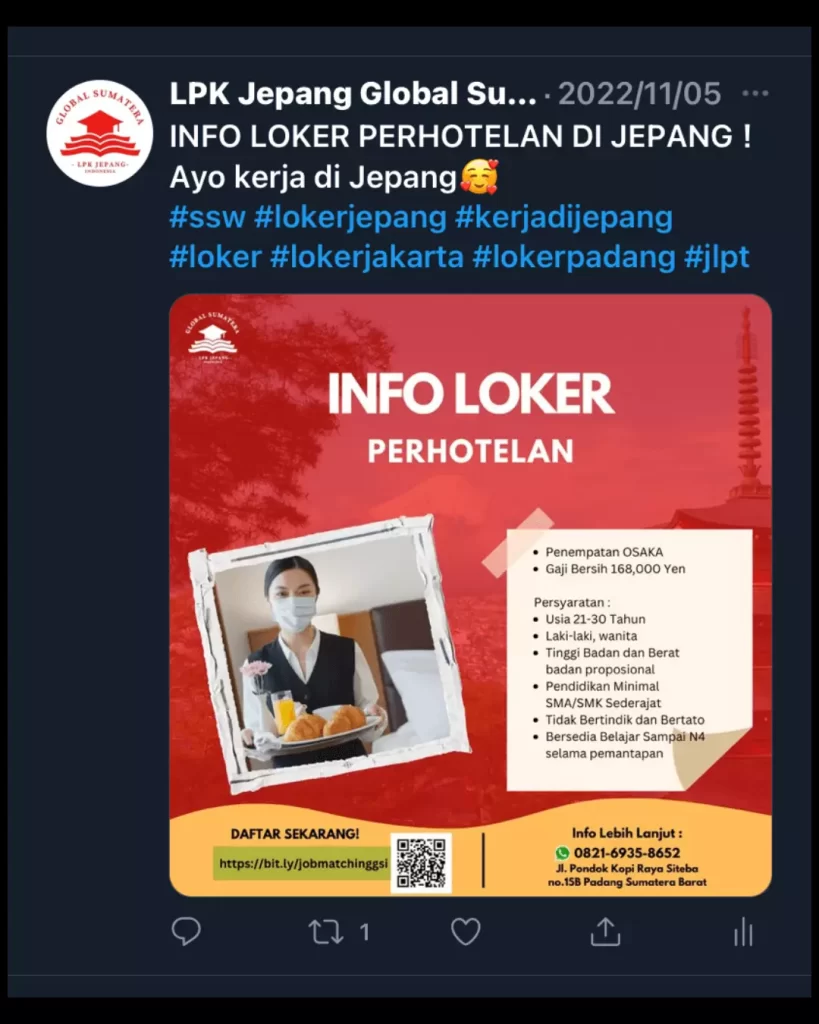 info lowongan Tokutei ginou perhotelan di Jepang osaka
